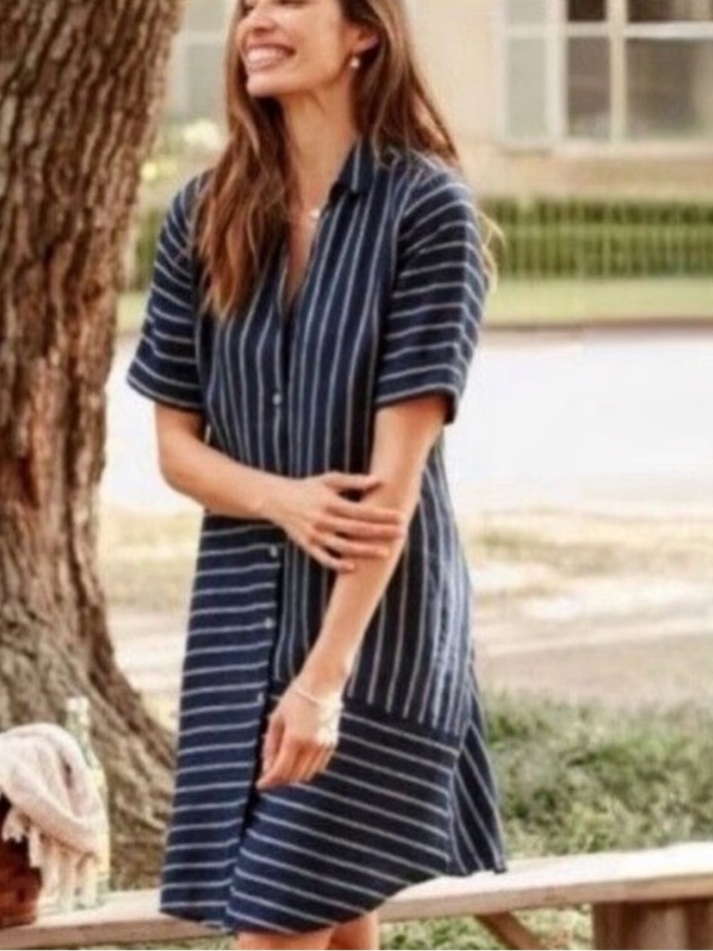 J. Jill Navy and White Striped Midi Shirt Dress